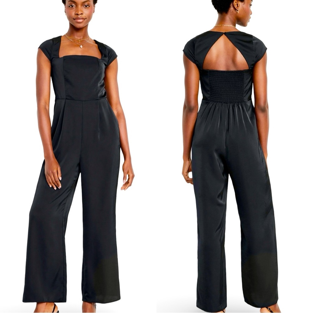 NWTS OLD NAVY GAP💓XL💓BLACK FIT & FLARE SATIN OPEN BACK JUMPSUIT WITH POCKETS